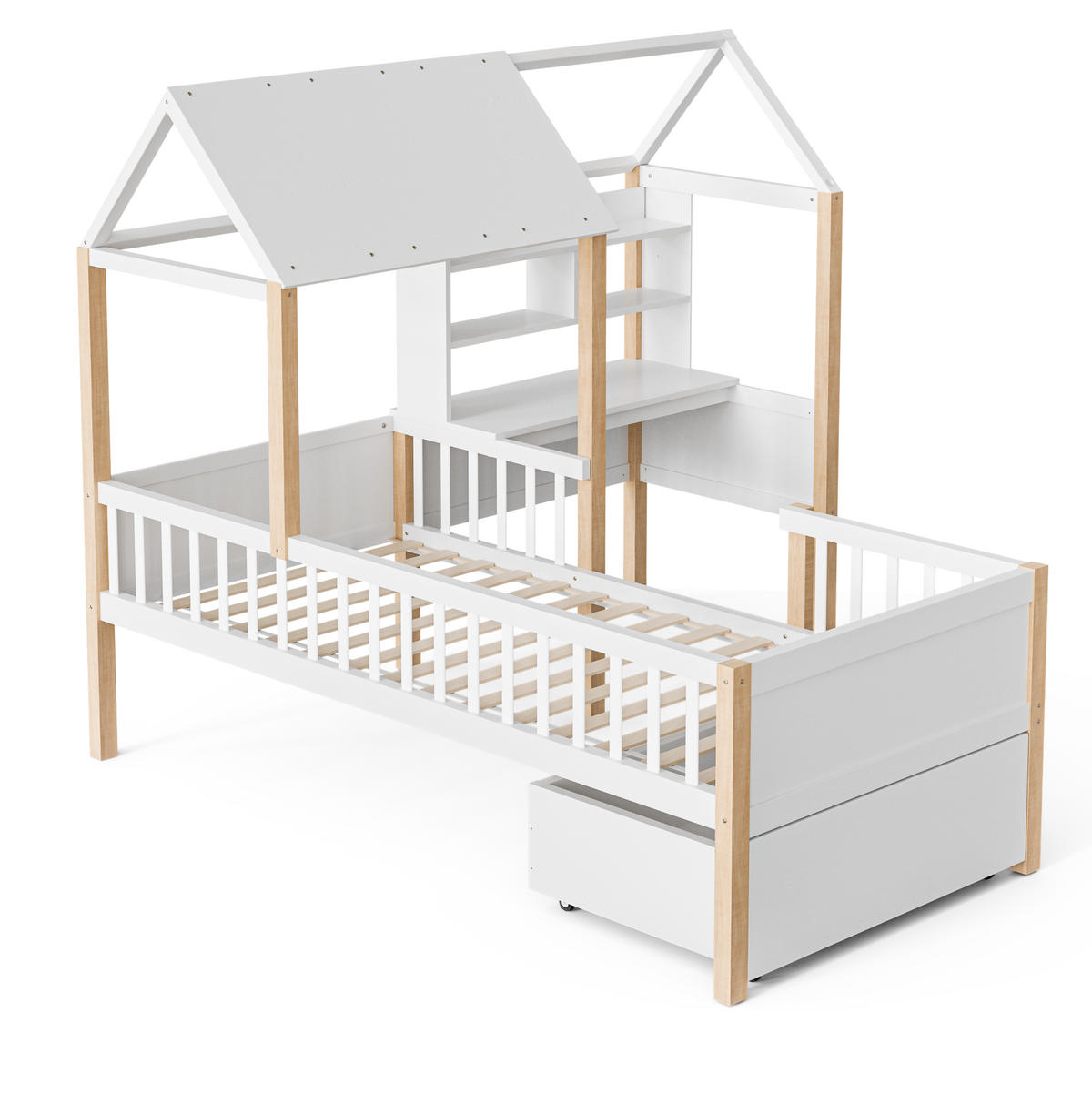 KINDERBETT aus Massivholz 90x200 cm Weiß mit Schreibtisch, Regal, Schubladen und Rausfallschutz - Weiß, Holzwerkstoff (90/200cm) - IVMEU