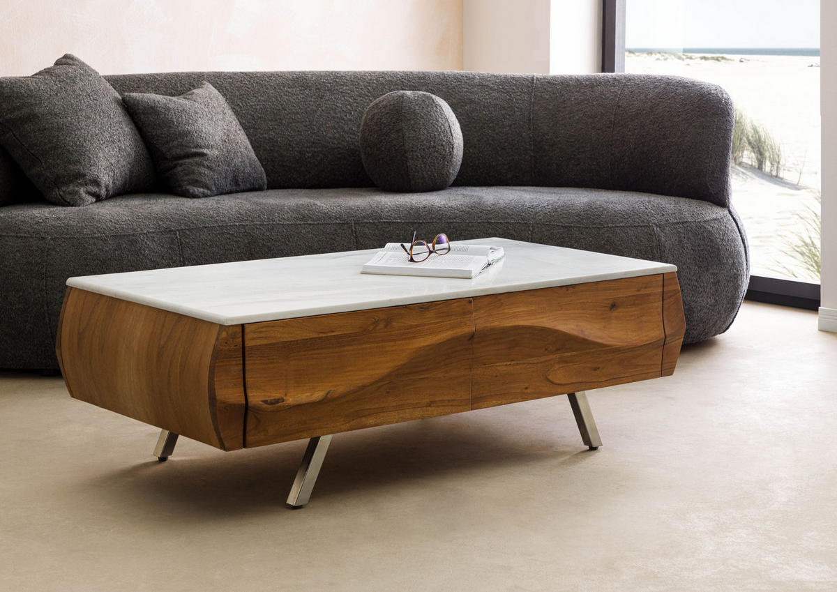 COUCHTISCH Akazie 124x60x40 natur lackiert / Marmor weiß MONTREAL #130 - Braun, Holzwerkstoff (124/60/40cm) - Massivmoebel24