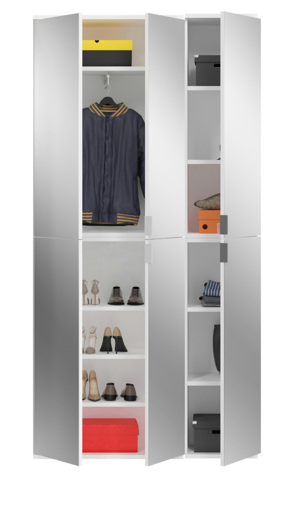 GARDEROBENSCHRANK weiß 91 cm 6-türig, Schuhschrank mit Spiegel, Garderobenmöbel - Weiß Hochglanz/Silberfarben, Holzwerkstoff/Kunststoff (91/193/34cm) - Inn.Furn
