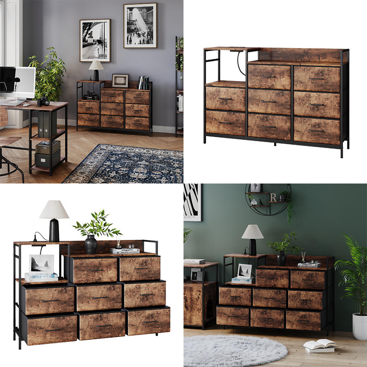 SIDEBOARD Brian Eiche rustikal 132 x 30 cm mit 8 Schubladen und USB - Eichefarben/Schwarz, Holzwerkstoff (88/30/132cm) - Vicco