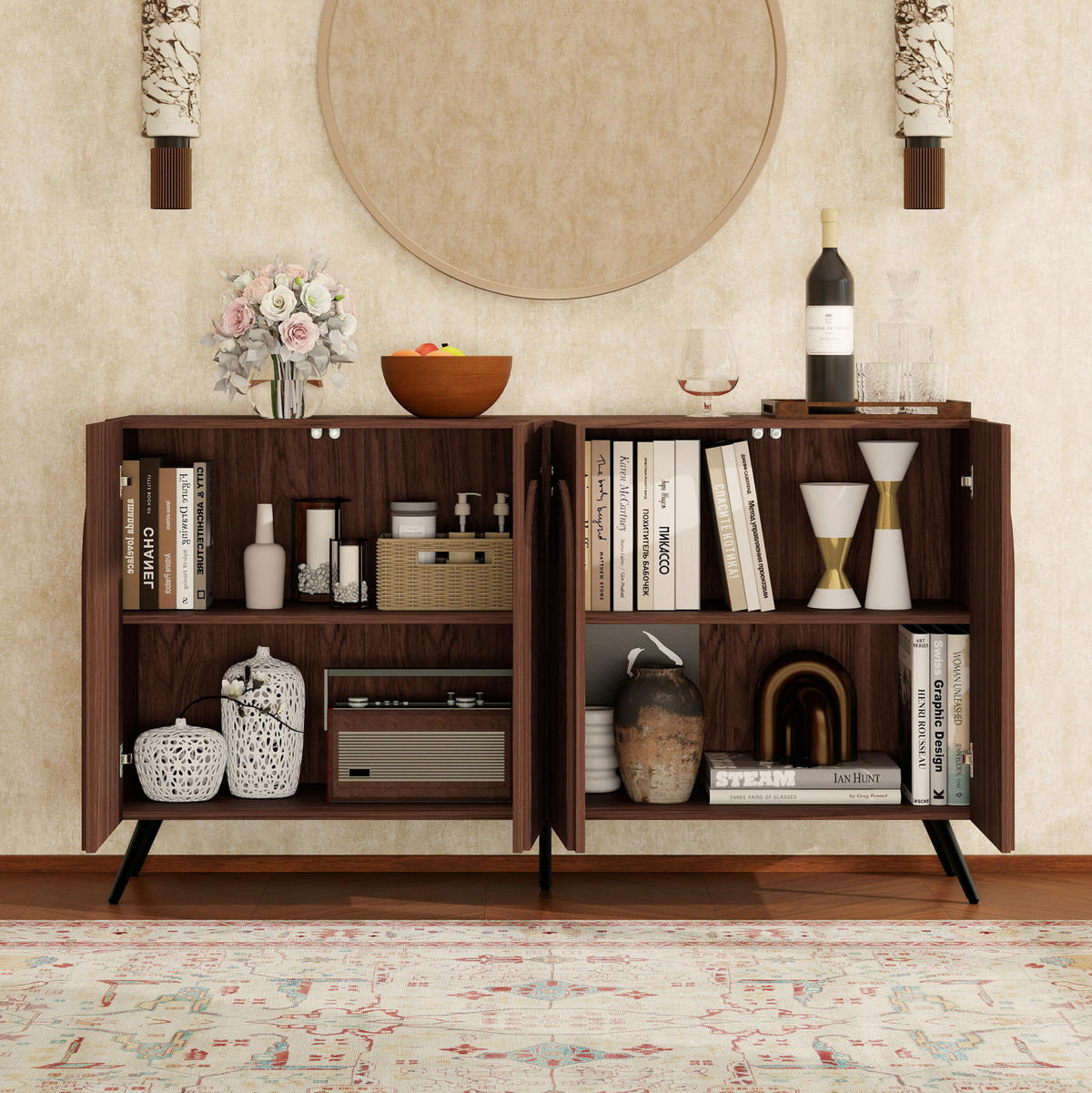 SIDEBOARD mit 4 Türen in Walnuss-Optik – Mid-Century-Design mit 3D-Rillen - Walnussfarben, Holzwerkstoff (150/83/38cm) - BEAOK