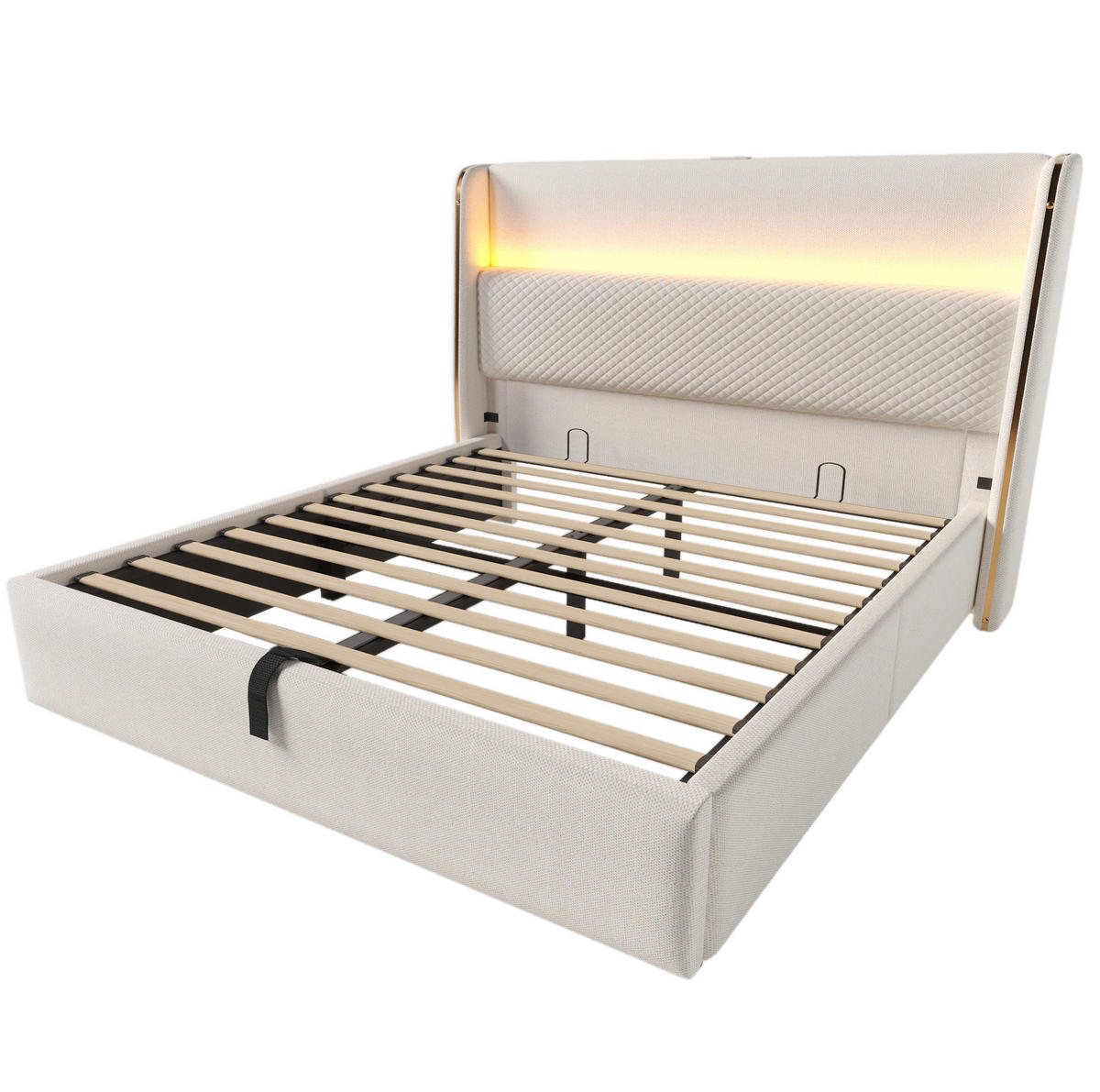 POLSTERBETT mit LED-Beleuchtung 160/200 cm mit Bettkasten und USB/Type-C - Beige, Textil (160/200cm) - BEAOK