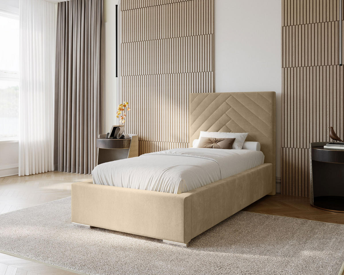 POLSTERBETT Aura 100x200 cm, Einzelbett mit Bettkasten und Lattenrost aus Holz, Velourstoff: Creme - Creme, Holz/Kunststoff (100/200cm) - Marpur