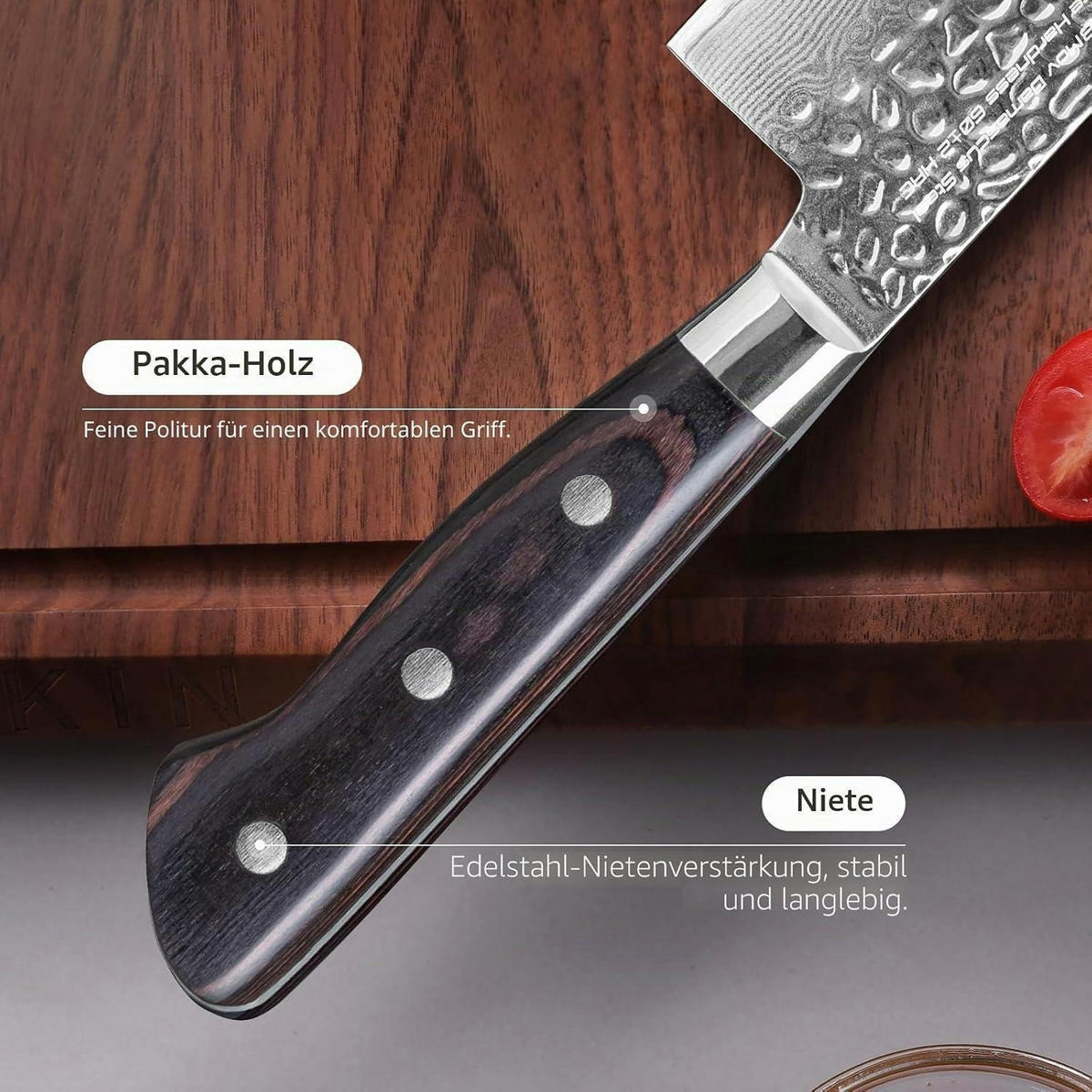 KOCHMESSER Damaststahl 20 cm gehämmerte Klinge Pakkaholzgriff - Schwarz, Metall (34cm)