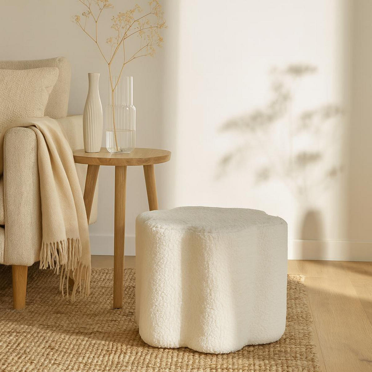 POUF Blume Bouclé Yore 34/34/29 cm - Weiß, Textil (34/29/34cm) - Home Styling Collection