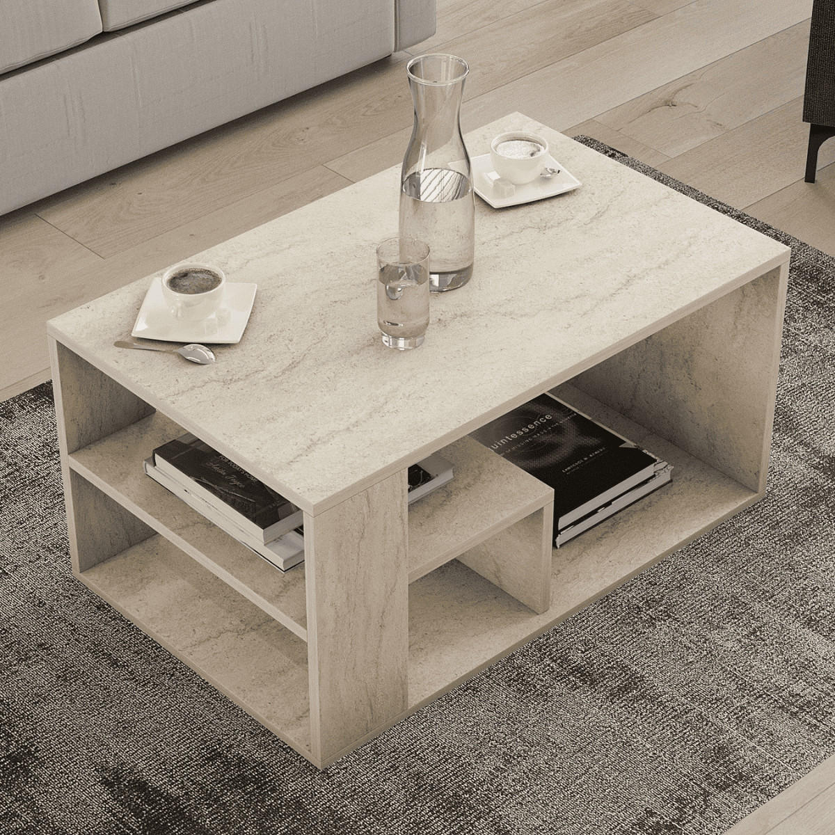 COUCHTISCH mit regalböden, travertin-dekor - eros 80/40/50 cm - Beige, Holzwerkstoff (56/40/50cm) - Calicosy