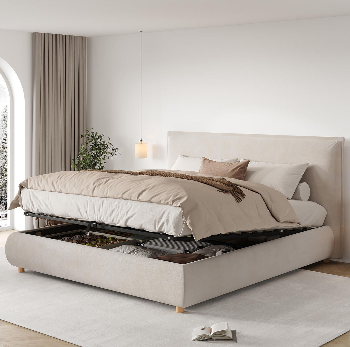 POLSTERBETT 180/200 cm creme aus Samt mit Stauraum und Lattenrost - Creme, Holzwerkstoff (180/200cm) - OKWISH