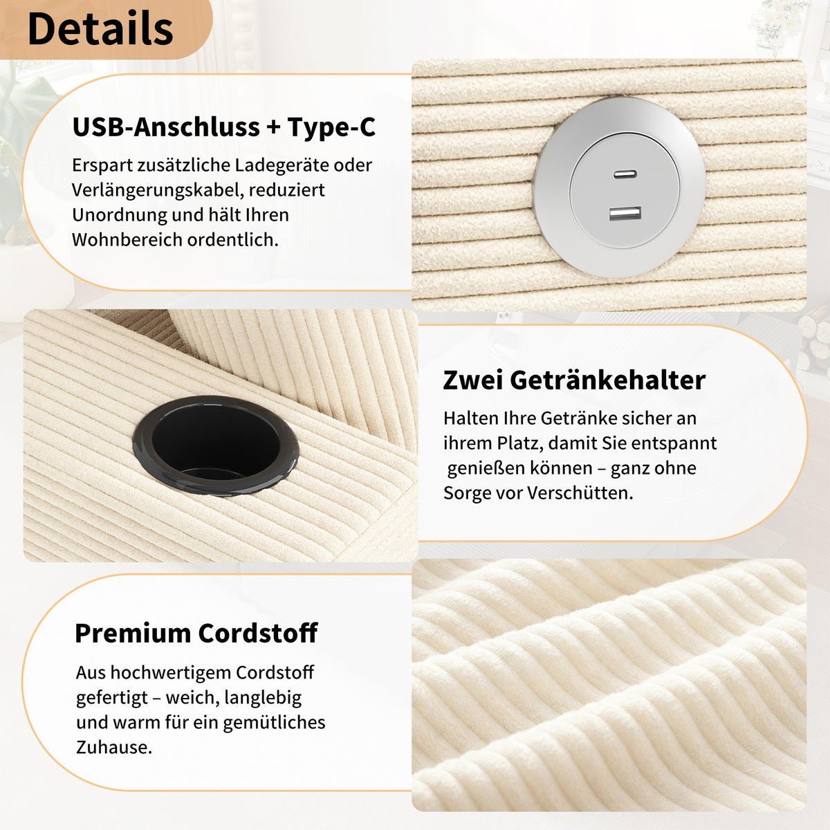 2-SITZER Schlafsofa Cord mit USB-Anschluss und Getränkehaltern Beige 163/140/82 cm - Beige, Textil (140/82/163cm) - Redom