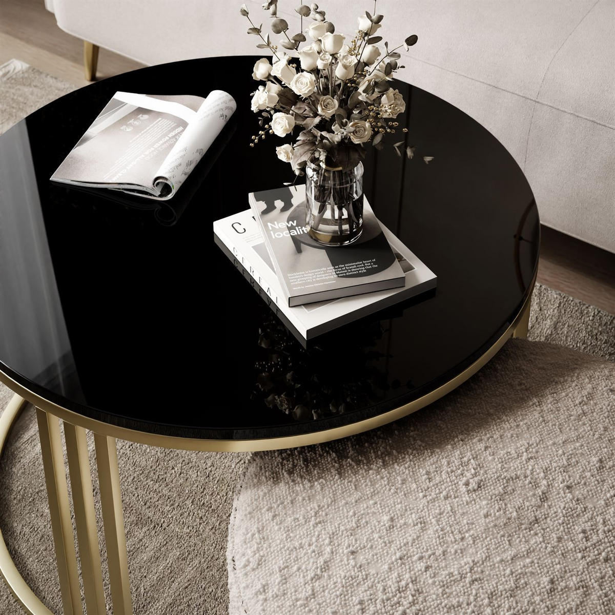 COUCHTISCH mit Hocker LORI Hochglanz gebürstetes Gold/Schwarz glänzend/Coral 50 - Schwarz, Metall (70/70/49cm) - Lookway