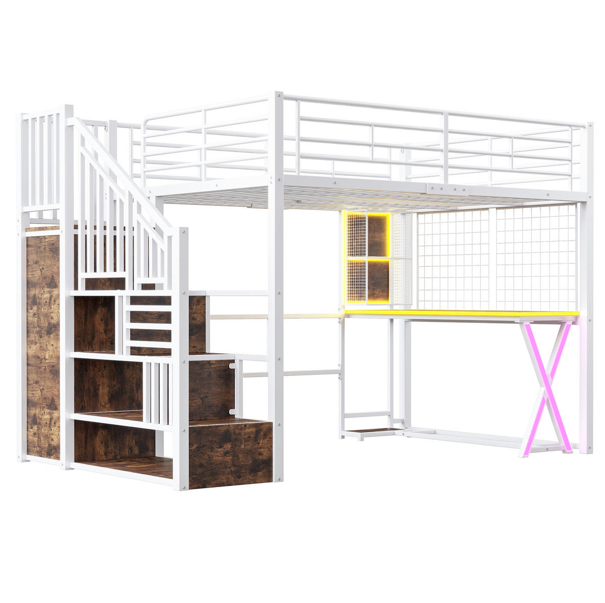 HOCHBETT 140/200 cm mit LED-Beleuchtung, Ablageleiter, Schreibtisch und Kleiderschrank, Metall und MDF, Weiß - Weiß, Metall (140/200cm) - Redom