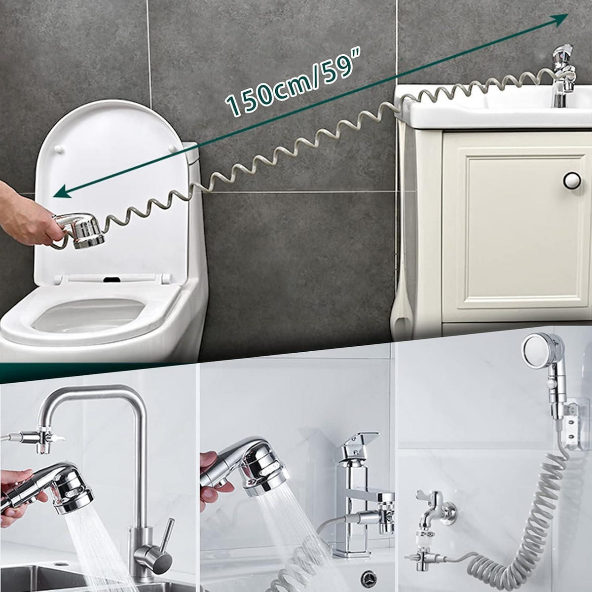 WASCHBECKEN-DUSCHKOPF-SET Silber 1,5 m Schlauch - Silberfarben, Metall (1/12.7/1cm)