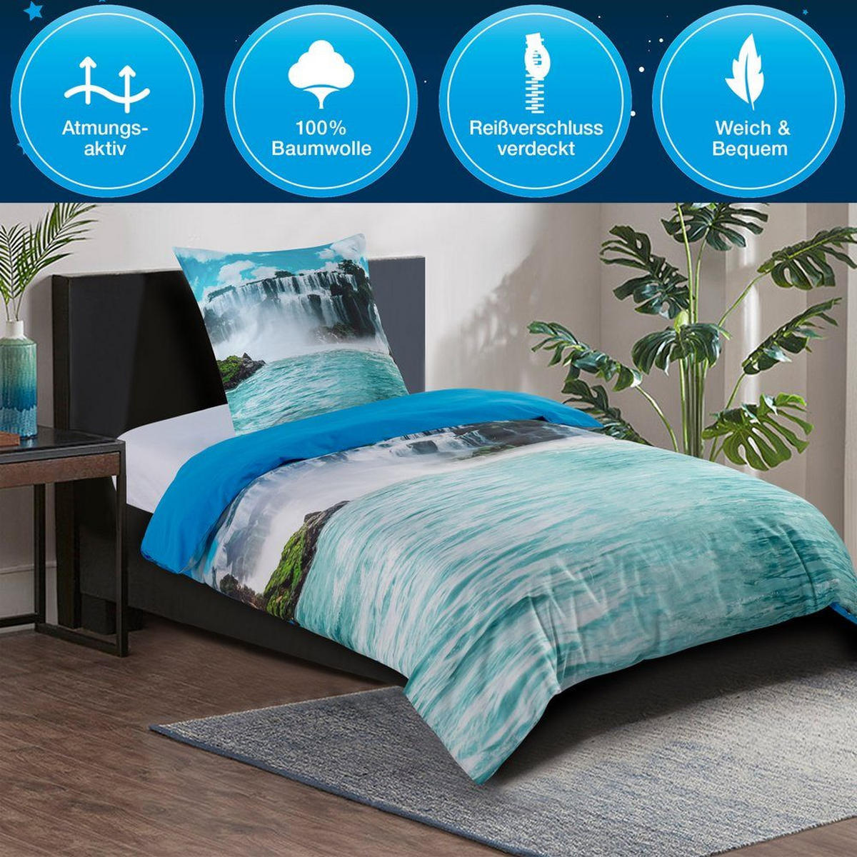 BETTWÄSCHE 4-teilig Wasserfall - Blau, Naturmaterialien (135/200cm) - Sanilo