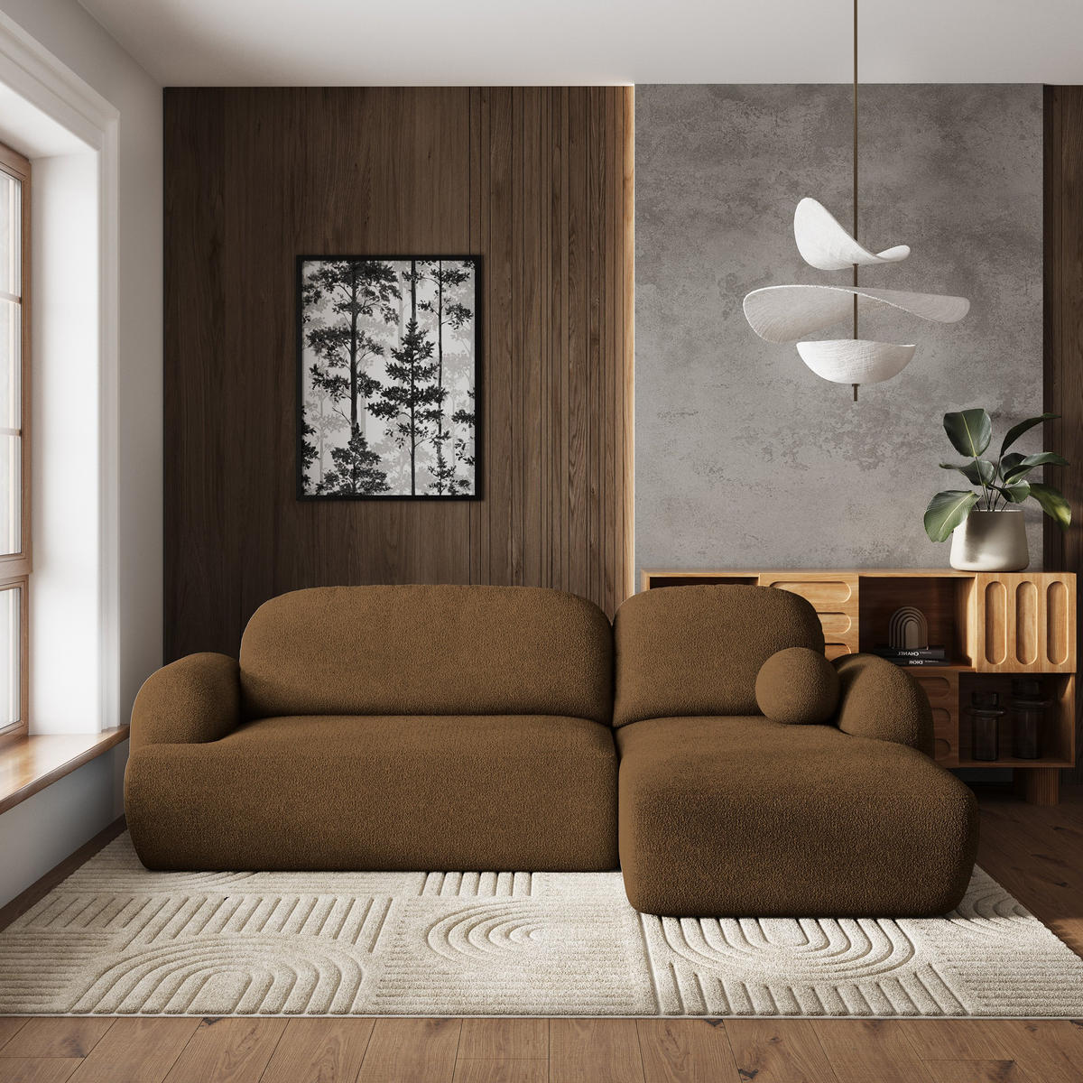 ECKSOFA MODENZA N R-S Braun Boucle-Stoff mit Schlaffunktion - Schwarz/Braun, Holz/Kunststoff (266/148cm) - MASSENO