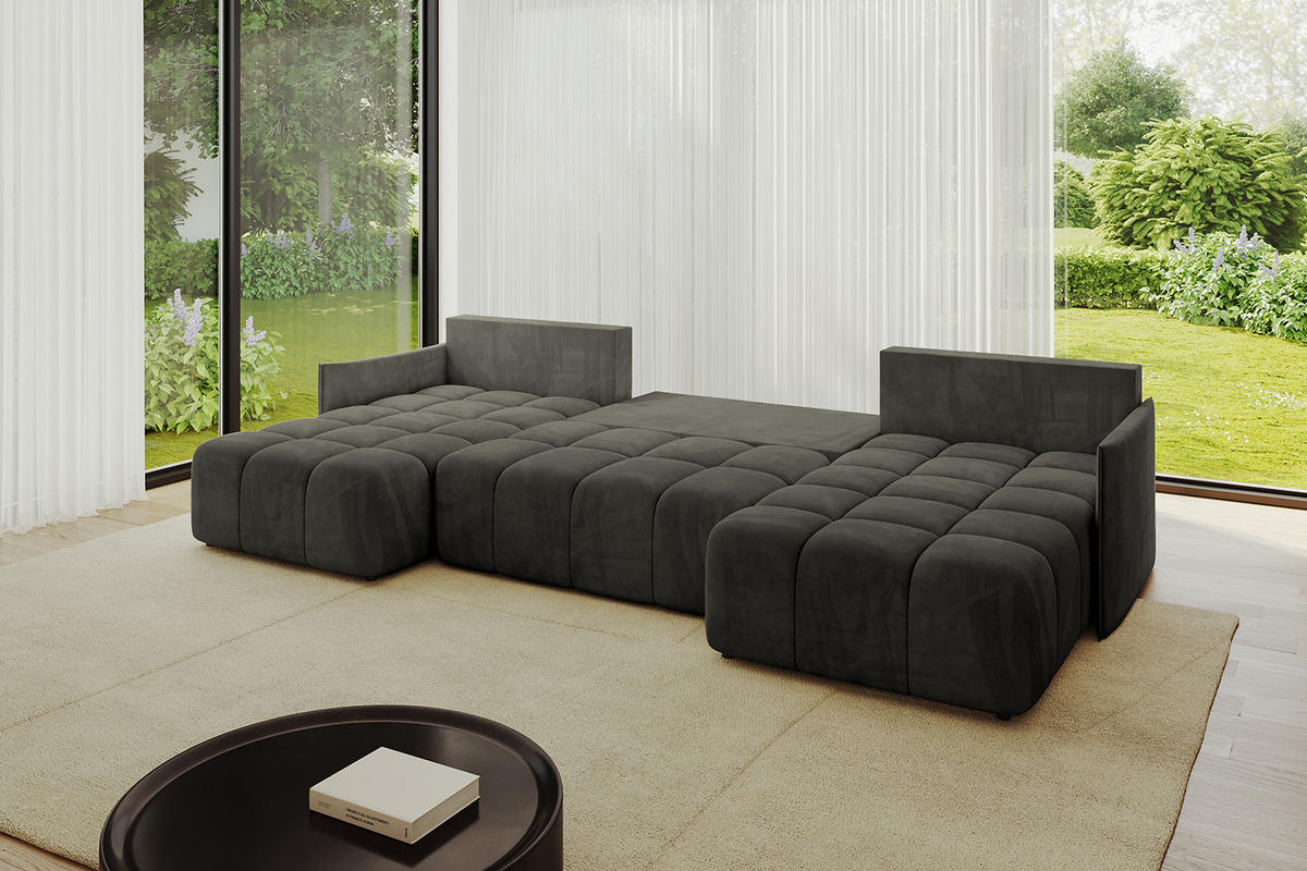 WOHNLANDSCHAFT LONLI-U 355x189x68 Schwarz Velours - Schwarz, Holzwerkstoff/Kunststoff (350/68/190cm) - ALTDECOR