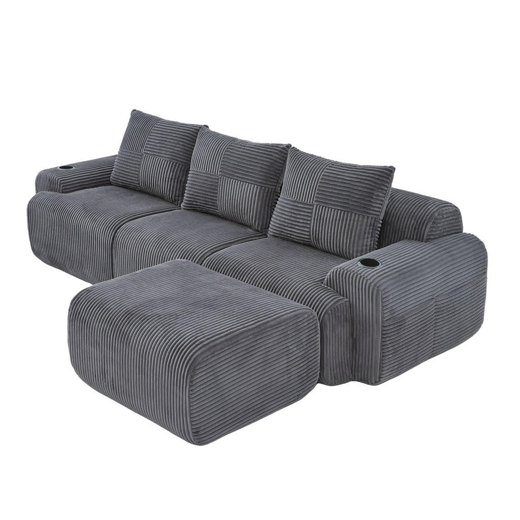 Redom MODULÁRNÍ 3místná pohovka 268/174/80 cm s taburety, držákem nápojů a boční kapsou, manšestr, Tmavě šedá