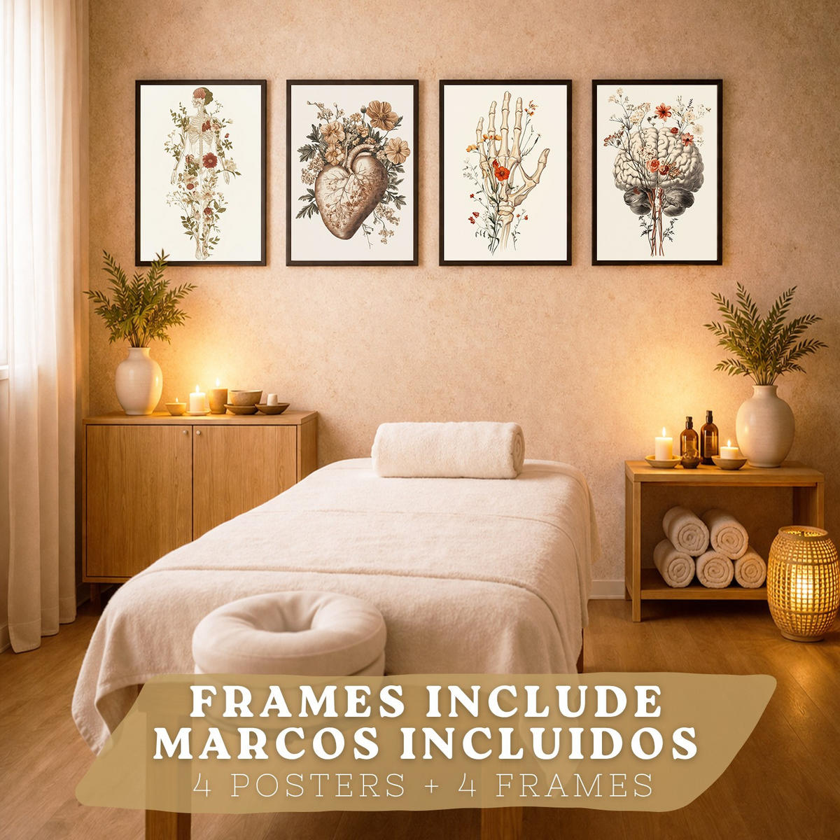 POSTER Set aus 4 Anatomie Mensch Dekorative Drucke und Wandbilder mit Blumen Ganzkörper Gehirn Hand und Herz Stil Größe Schwarzer Rahmen A4 - Schwarz, Papier (21/29.7/3cm) - Nacnic