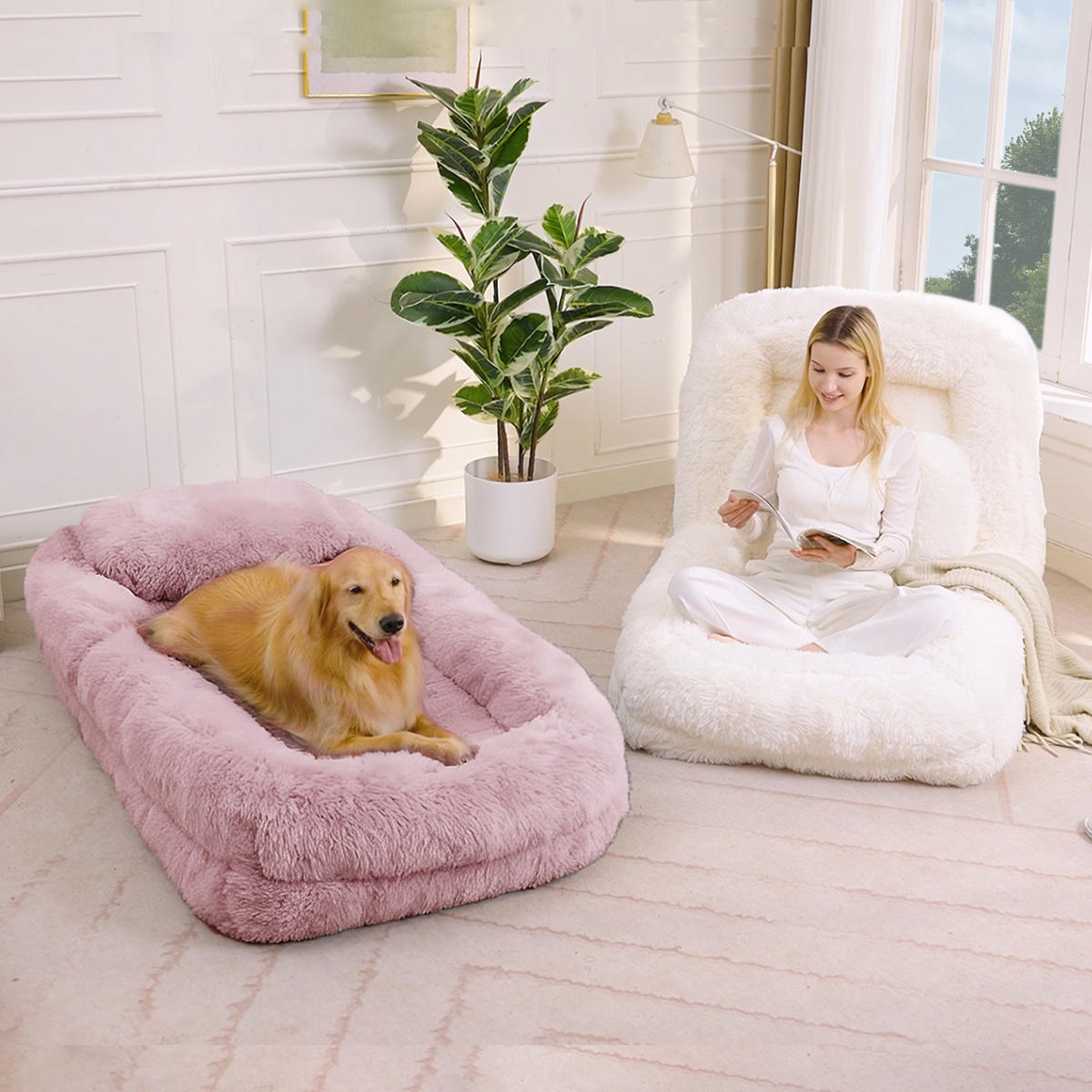 SITZSACK Plüsch Pink mit Verstellfunktion und mit Kissen - Rosa, Holzwerkstoff/Textil (89/42/175cm) - WISHDOR