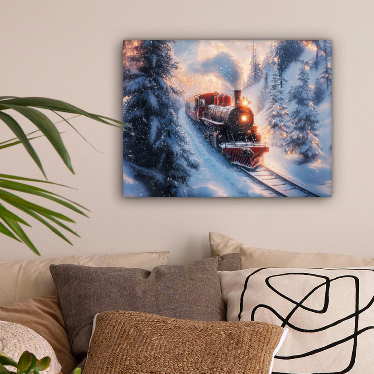 LEINWANDBILD Weihnachtszug - Schnee - Winter - Weihnachten 40x30 cm - Dunkelrot, Textil (40/30cm) - MuchoWow