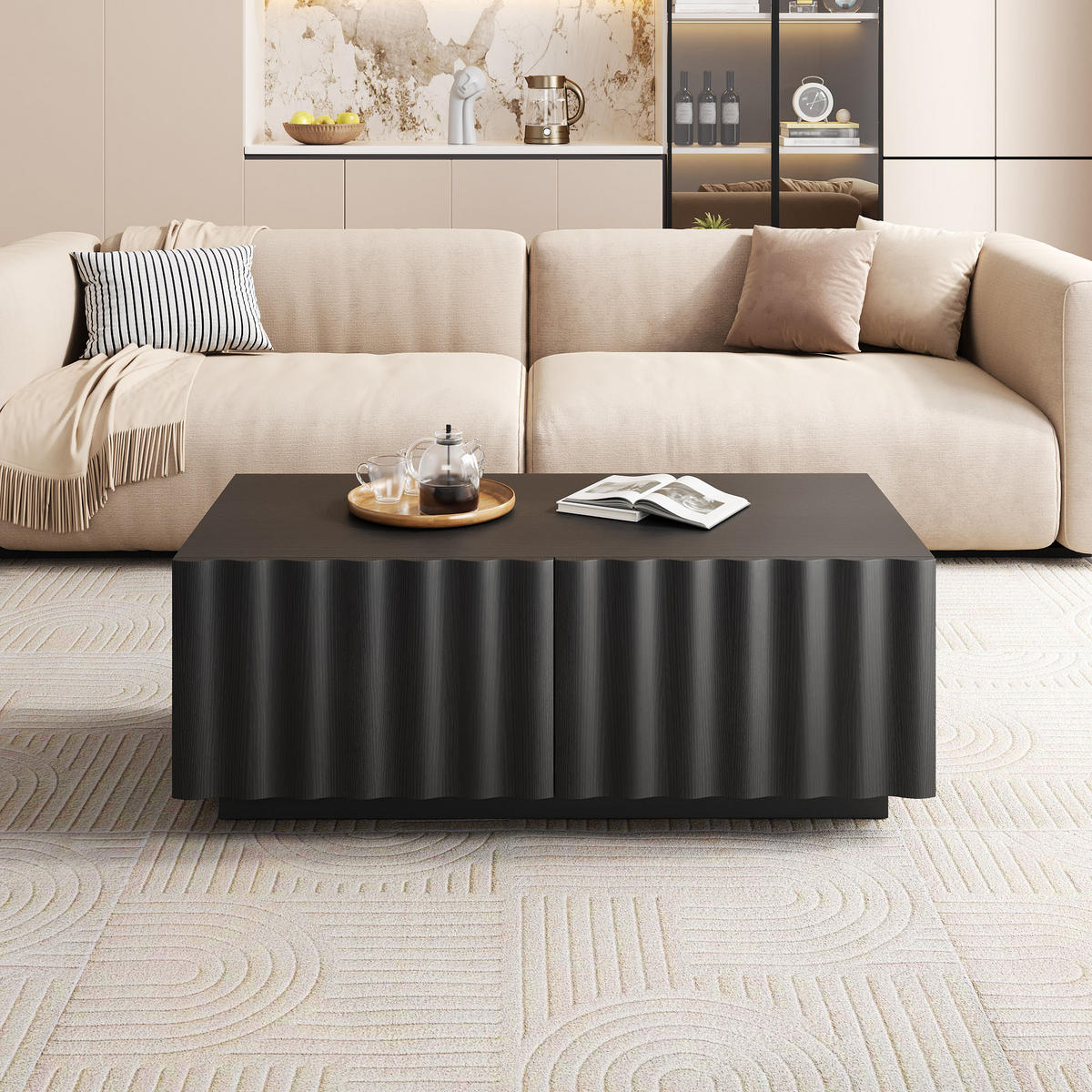 COUCHTISCH Wellenmuster 2 Schubladen modern Stauraum - Schwarz, Holzwerkstoff (100/50/40cm) - FLIEKS