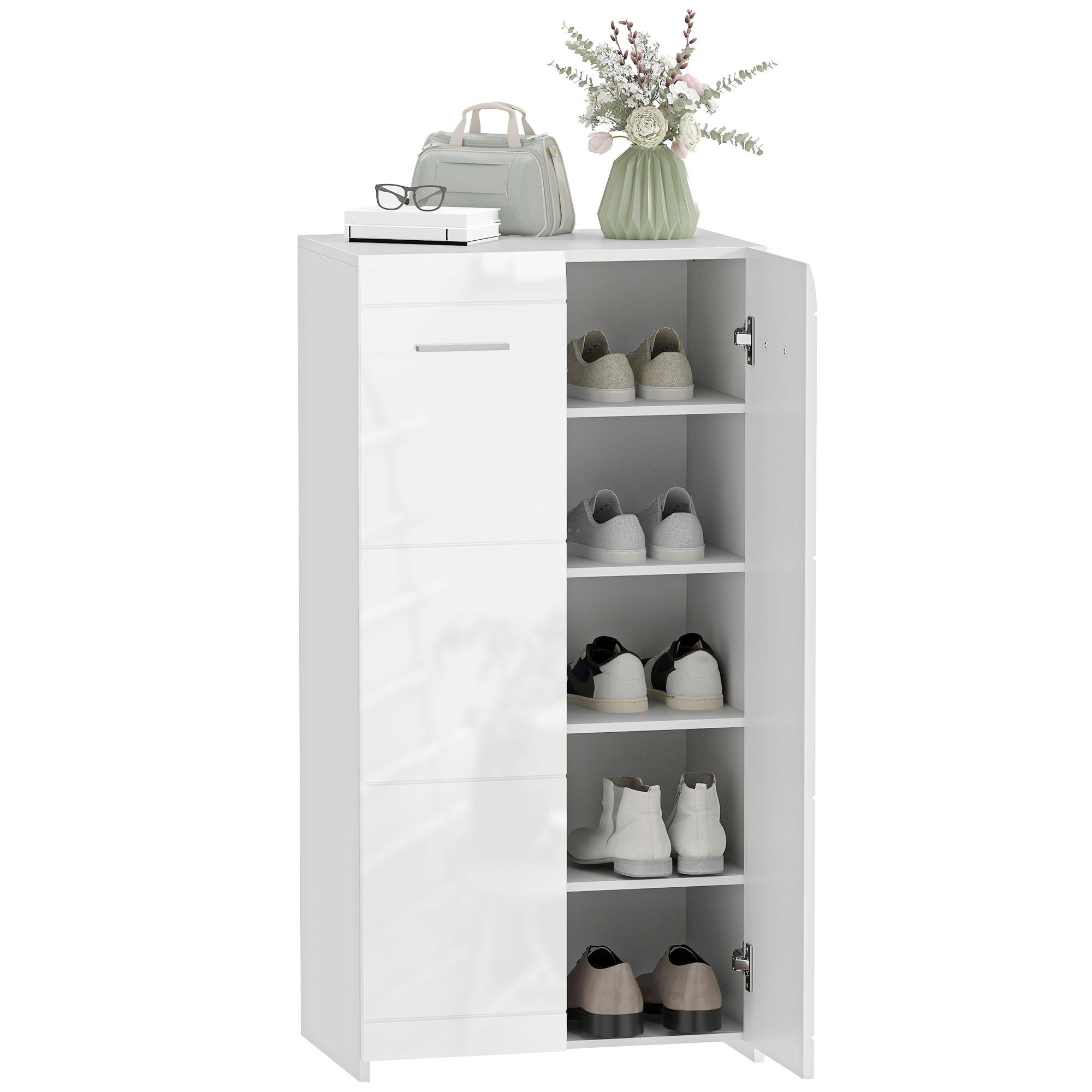SCHUHSCHRANK DE-15094 5 Ebenen, für 10 Paar Schuhe Weiß - Weiß Hochglanz, Holzwerkstoff (55/108/36cm) - ComfortXL