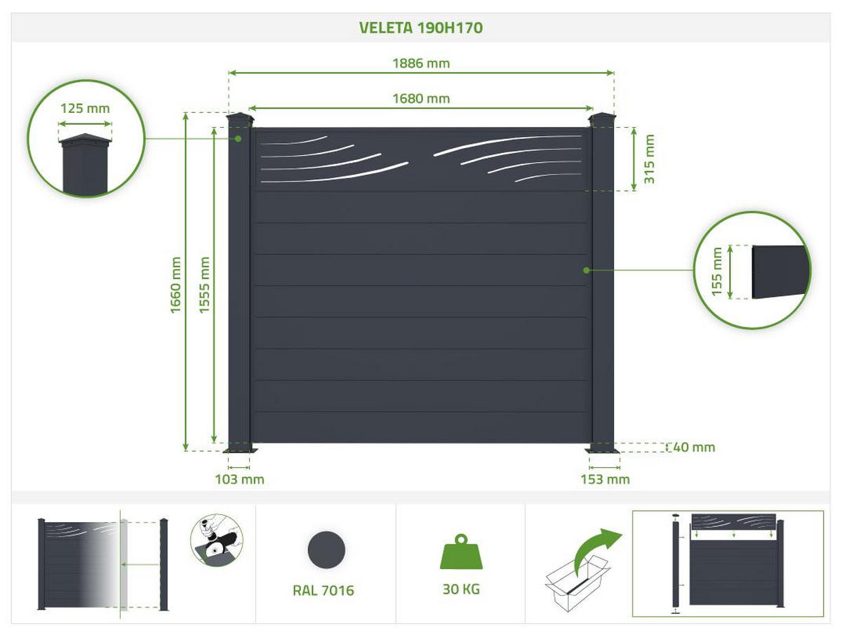 SICHTSCHUTZZAUN 3er-Set Veleta grau 1,9m H.170cm aluminium - Grau, Metall (567/166cm) - Casanoov