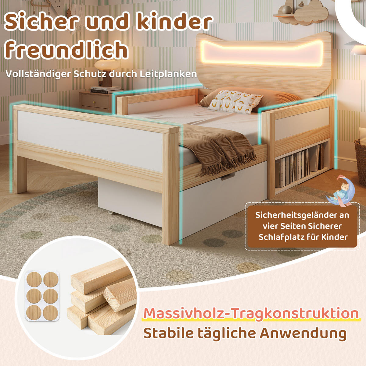 KINDERBETT 140/200 cm, Weiß/Eiche mit Katzenkopfteil und RGB-LED - Weiß, Holz (140/200cm) - MIVRAY
