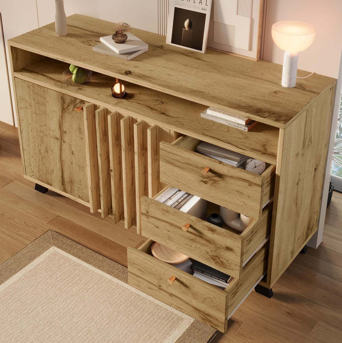 SIDEBOARD aus Spanplatte und MDF 120x40x85 cm Dunkle Eiche mit 3 Schubladen und Lamellentüren - Braun, Holzwerkstoff (120/85/40cm) - IVMEU