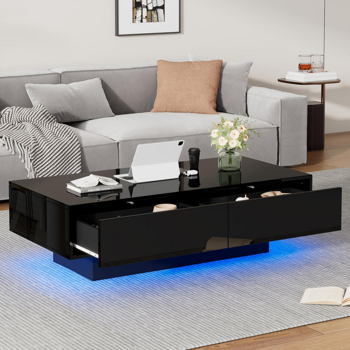 COUCHTISCH 115x55cm Schwarz Hochglanz LED 2 Schubladen 30kg Belastbar - Schwarz, Holz (127.99/66.68/11.79cm) - FLIEKS