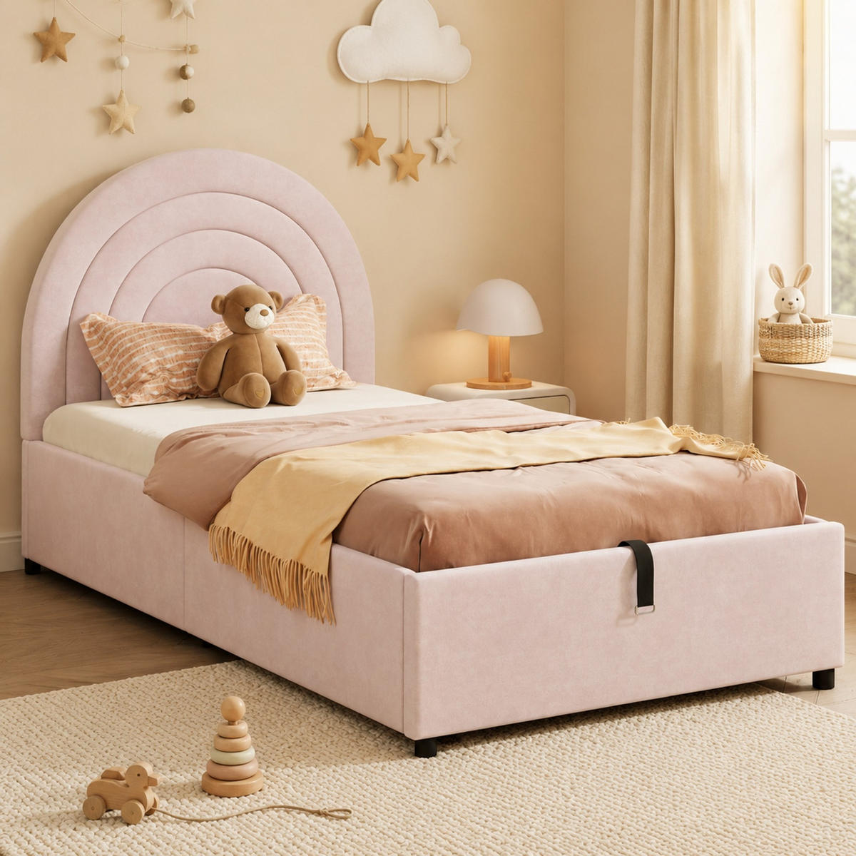 POLSTERBETT 90/200 mit Stauraum und Lattenrost in Rosa - Rosa, Holzwerkstoff/Textil (90/200cm) - EVRYAE