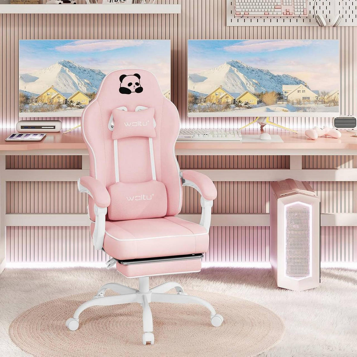GAMINGSTUHL mit Taschenfederkissen, Netzstoff, Rosa - Weiß/Rosa, Textil/Metall (70/125.5/70cm) - Woltu
