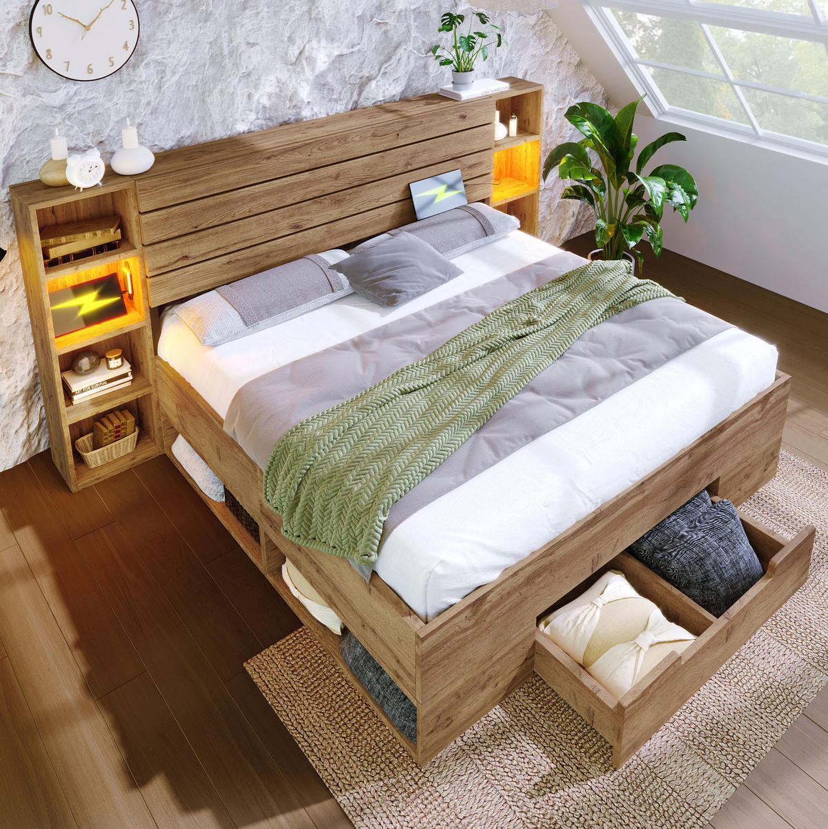 POLSTERBETT 160/200 cm in Eiche mit LED-Beleuchtung, USB- und Type-C-Anschlüssen und Matratze - Eichefarben, Metall (160/200cm) - Flora Grace
