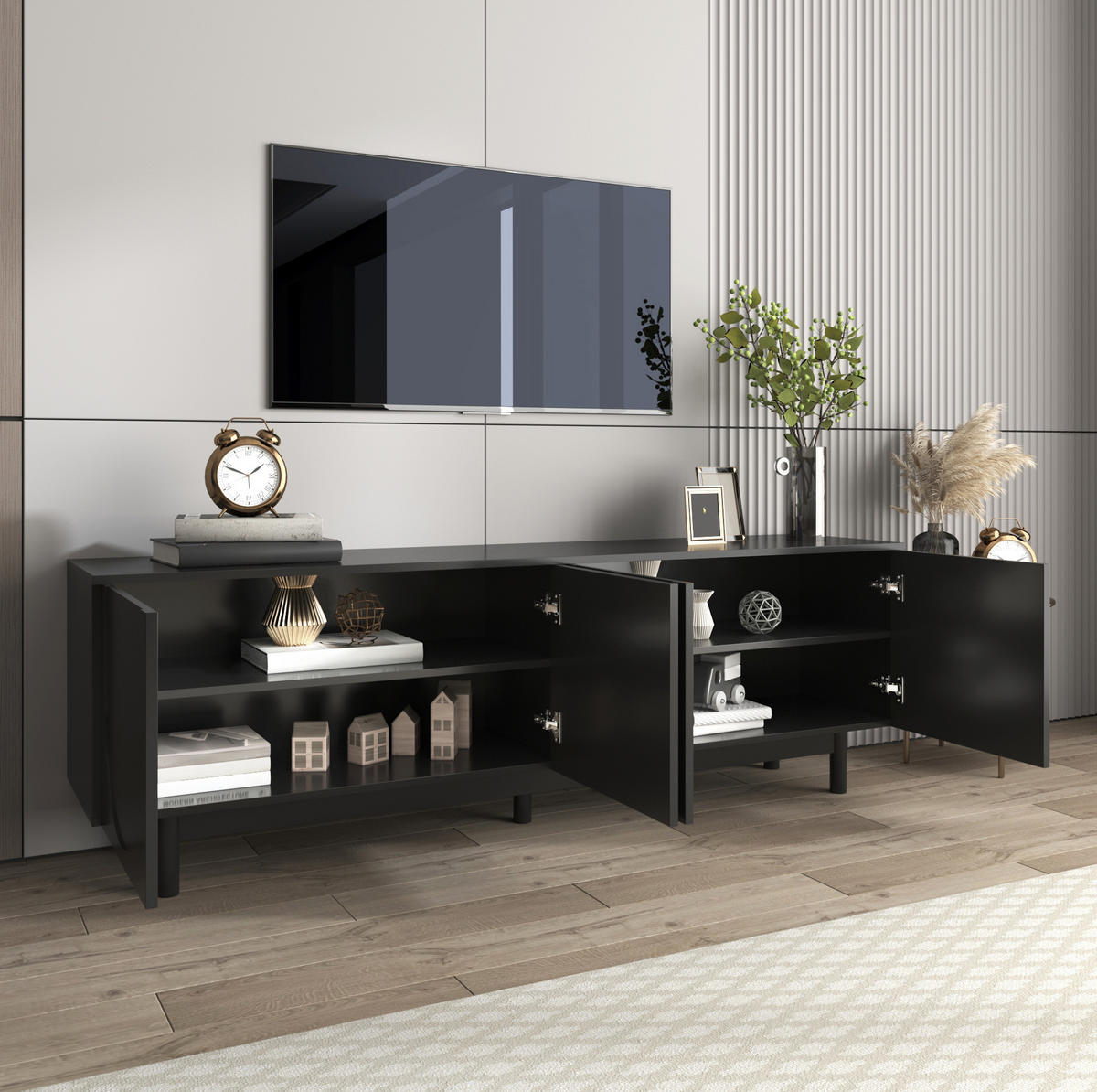 TV-SCHRANK in Schwarz mit 4 Push-to-Open Türen 175/38/56 cm - Schwarz, Holzwerkstoff (175/56/38cm) - Redom