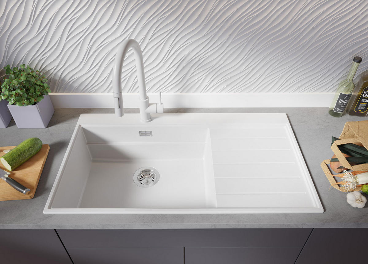 GRANITSPÜLE Sydney, 2-er set Weiß 90/50 cm 1 Becken + Küchenarmatur 32/20 cm + Ablauf-Set + Küchenzubehörset ab 60er Unterschrank - Chromfarben/Beige, Kunststoff (90/20/50cm) - Primagran