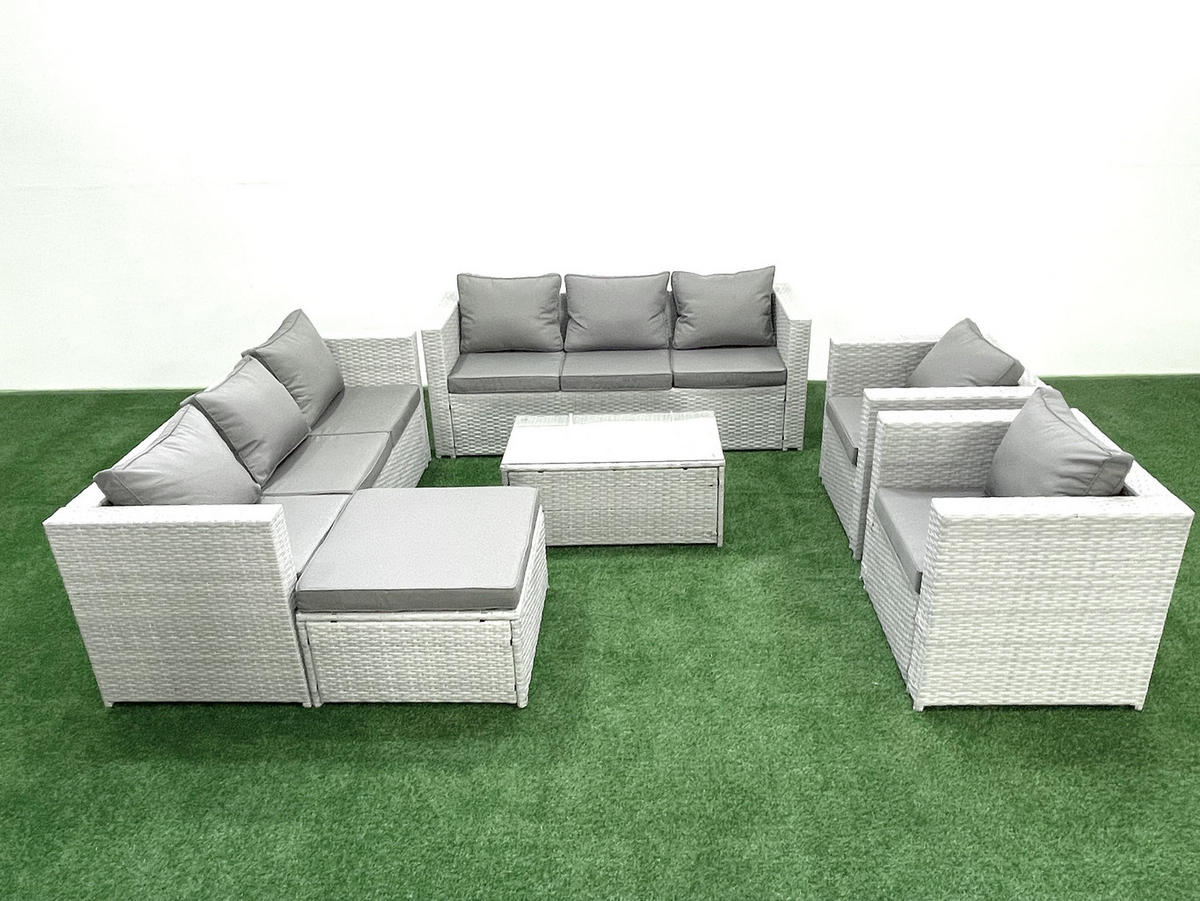 GARTENGARNITUR mit 3-SITZER SOFA,COUCHTISCH Polyrattan Hellgrau-Mix 9-Sitzer - Hellgrau/Grau, Glas/Kunststoff - Fimous