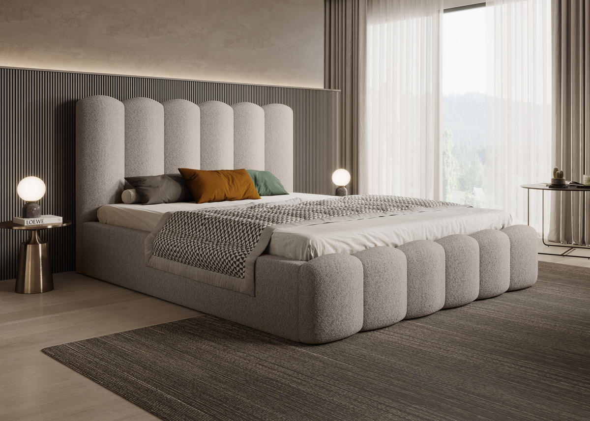 POLSTERBETT Modernes Polsterbett Mona V 180x200 cm – Komfortables Bett mit Stauraum & Halbwalzen-Design, Beige - Beige/Schwarz, Holzwerkstoff/Kunststoff (180/200cm) - DomoHome