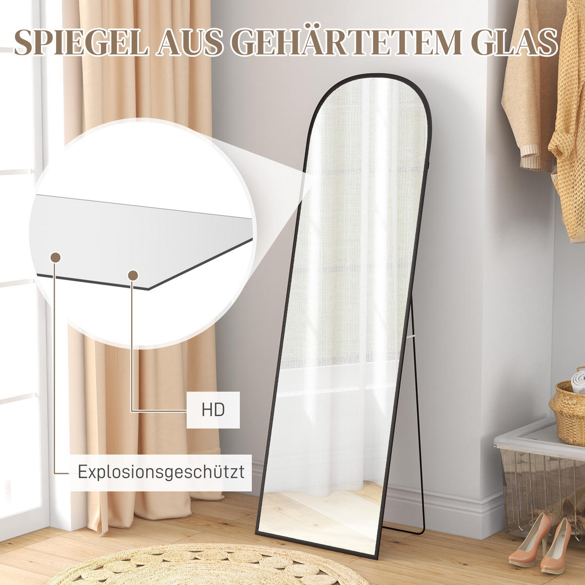 GANZKÖRPERSPIEGEL, 161,5 x 50 cm Wandspiegel mit Ständer für Wohnzimmer Schwarz - Schwarz, Glas (1.5/161.5/50cm) - HOMCOM