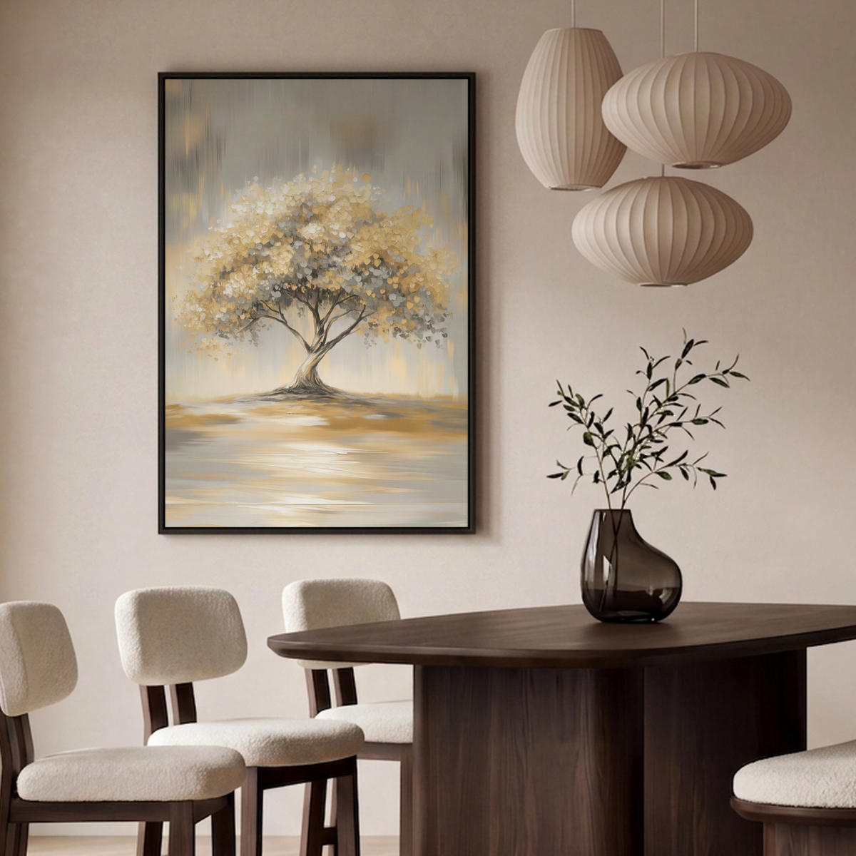 LEINWAND Bilder mit Rahmen - Gemälde - Baum - Abstrakt - Blätter - 90x140 - Beige, Textil (90/140cm) - MuchoWow