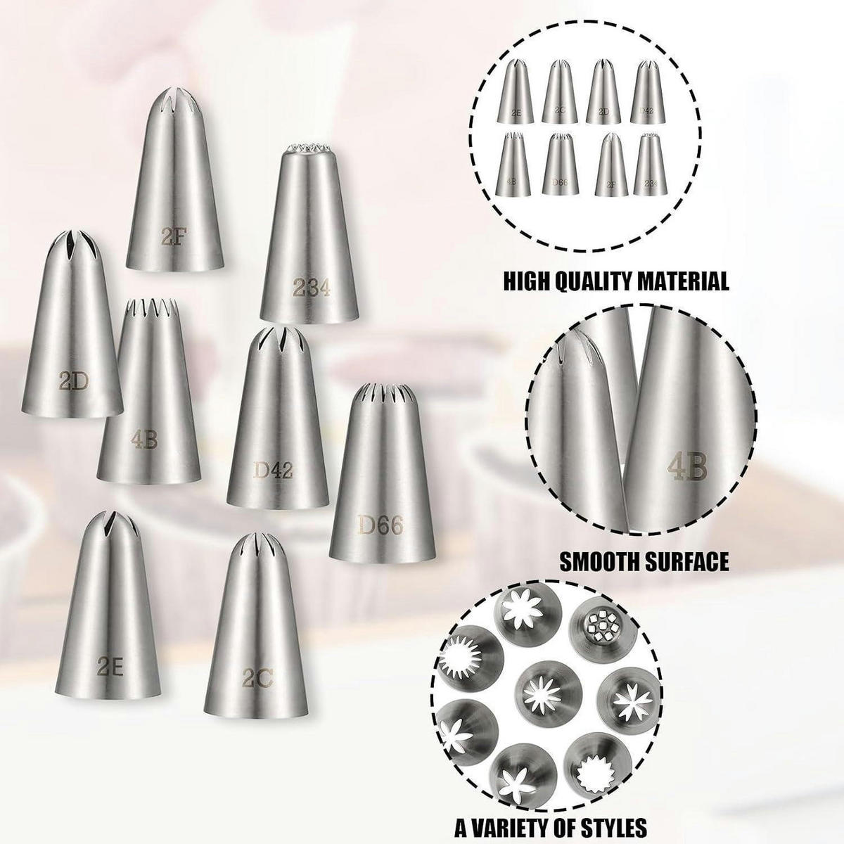 SPRITZTÜLLEN 8-teiliges Set Edelstahl Zuckerguss Kuchen Dekorieren - Silberfarben, Metall (2.5/2.5/4.4cm)