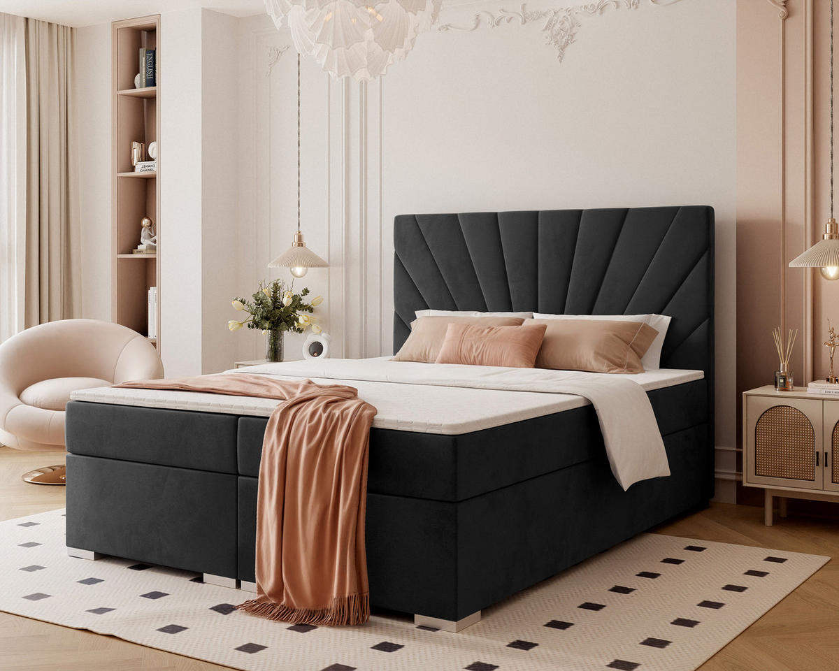 BOXBETT OASIS 140/200 cm mit Matratze und Topper, Schwarz - Chromfarben/Schwarz, Textil/Metall (140/200cm) - Idohome