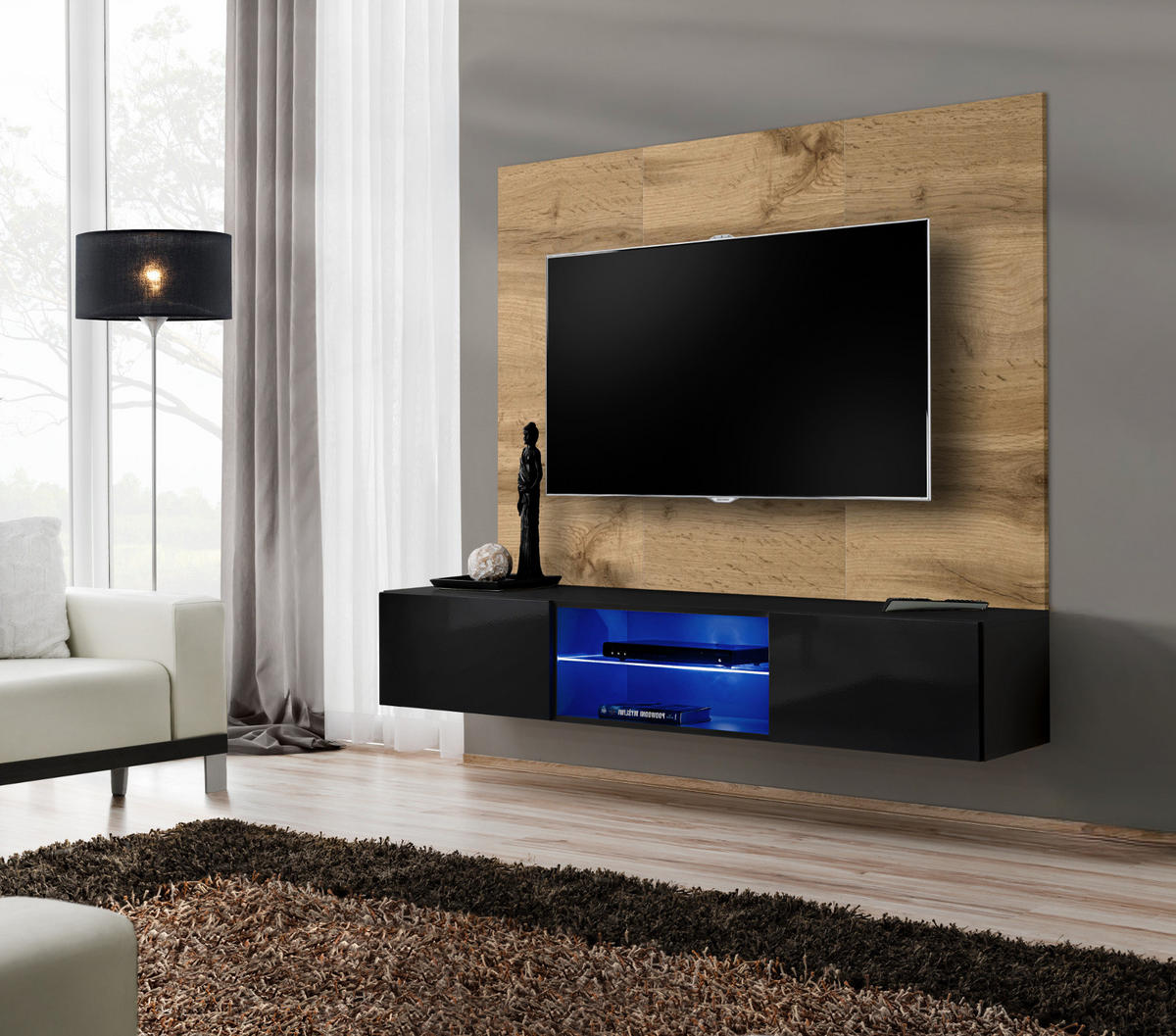 TV-LOWBOARD Eiche Wotan und schwarz 180 cm hängend, Set inklusive LED-Beleuchtung - Eiche Wotan/Schwarz, Glas/Holzwerkstoff (180/148/40cm) - Inn.Furn