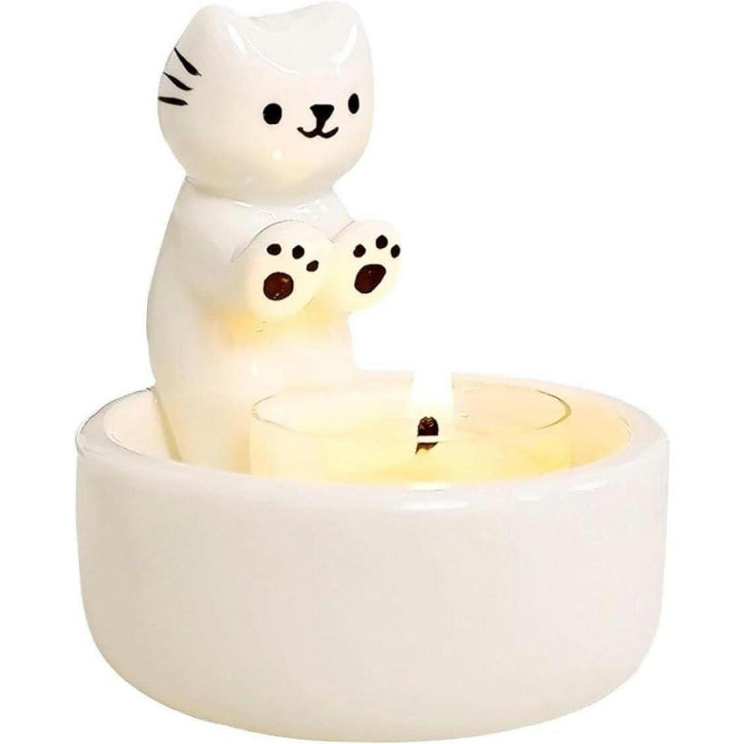 TEELICHTHALTER Katzen 3-teiliges Set Keramik mit Duftkerze und Schlüsselanhänger - Weiß, Keramik (1cm)