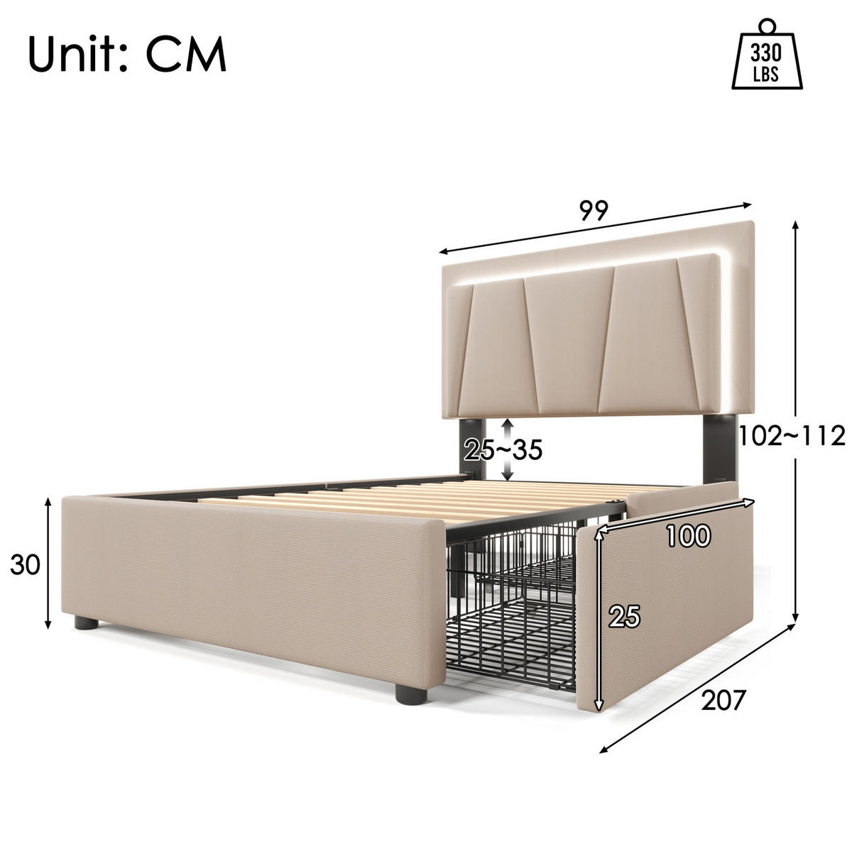 POLSTERBETT 90/200 cm Beige mit LED-Beleuchtung mit 2 Schubladen - Beige, Holzwerkstoff (90/200cm) - OKWISH