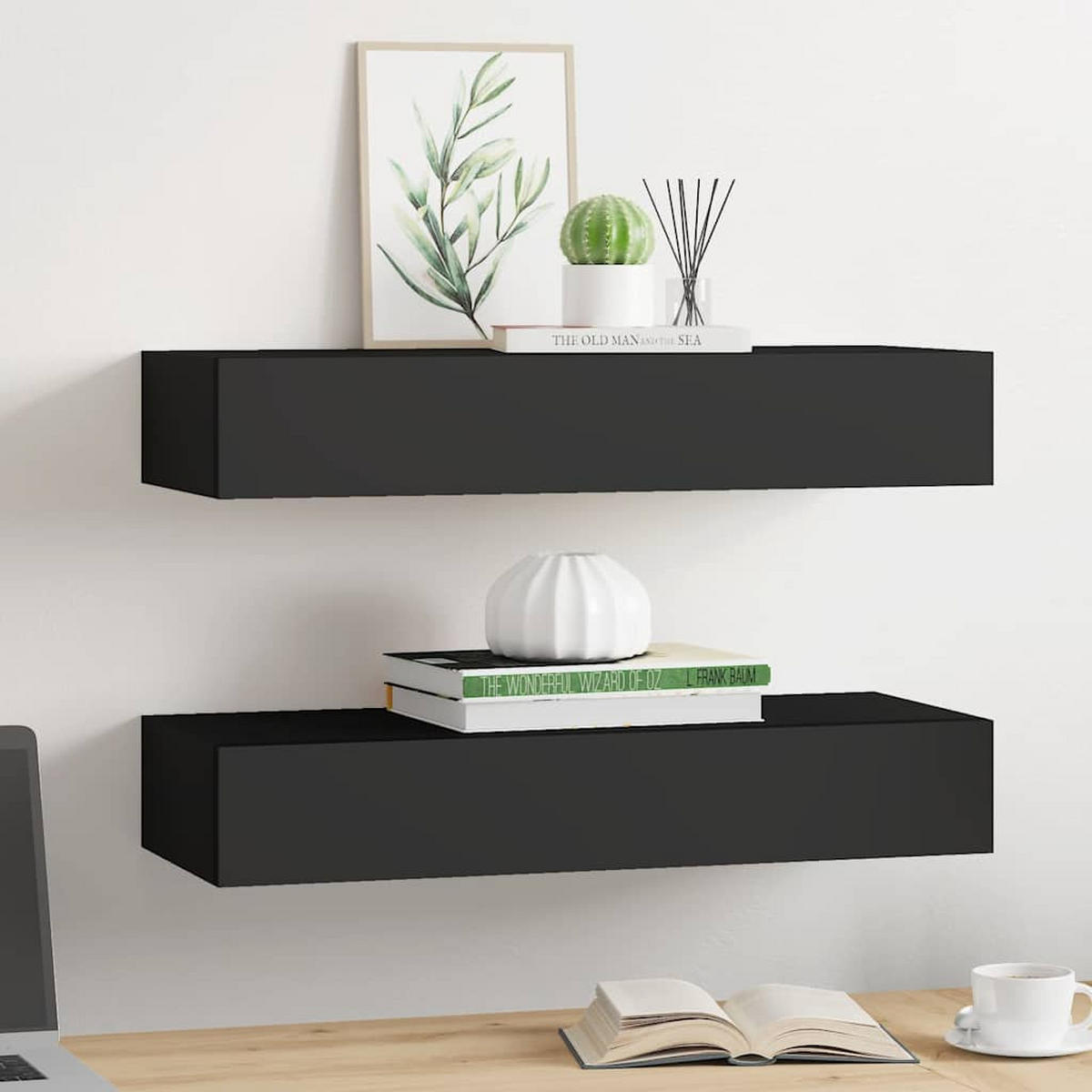 WANDREGALE mit Schubladen 2 Stk. Schwarz 60x23,5x10 cm - Schwarz, Holzwerkstoff (60/10/23.5cm) - furnicato