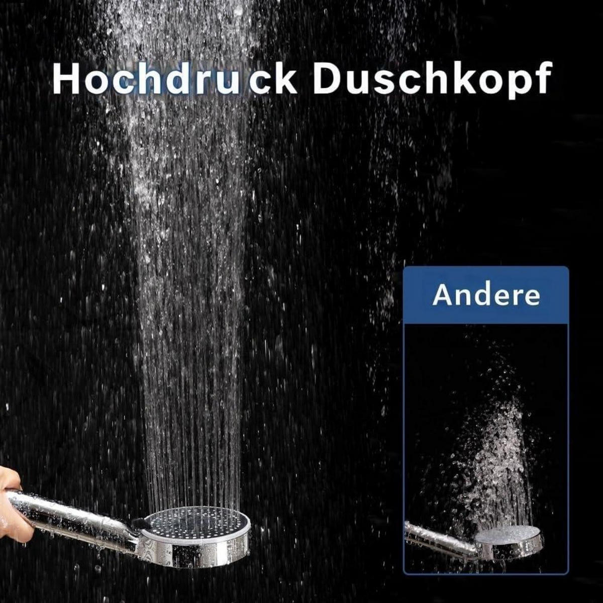 DUSCHKOPF mit Schlauch 2m 5 Strahlarten Chrom 120 mm - Silberfarben, Metall (12/12.7/27cm)