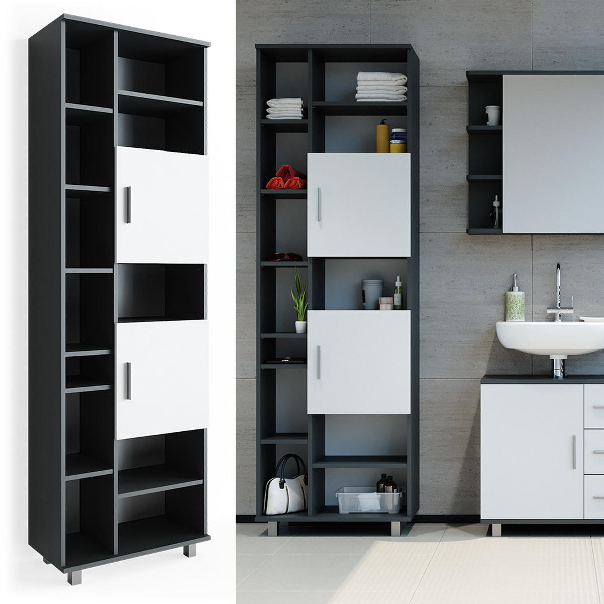 BADSCHRANK Ilias Anthrazit/Weiß 60 x 190 cm - Anthrazit/Weiß, Holzwerkstoff (60/190/30cm) - Vicco