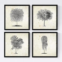 POSTER Set mit 4 Bädern Bäume verschiedene Blätter Weinlese Altpapierhintergrund 20x20cm Schwarzer Rahmen - Schwarz, Papier (20/3cm) - Nacnic