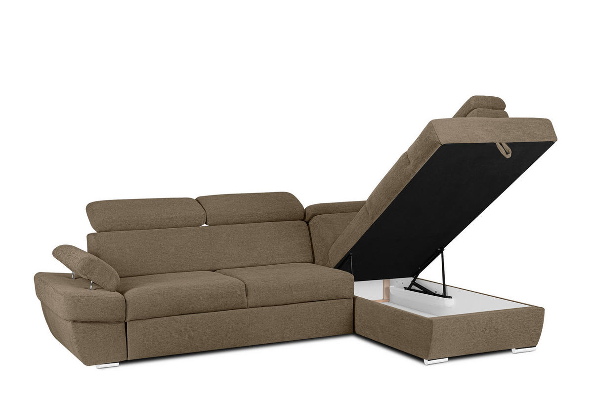 SCHLAFECKSOFA RATLO rechts 4/5-Sitzer mit Bettkasten in Lederoptik, braun - Hellbraun/Silberfarben, Textil (270/190cm) - KONSIMO®