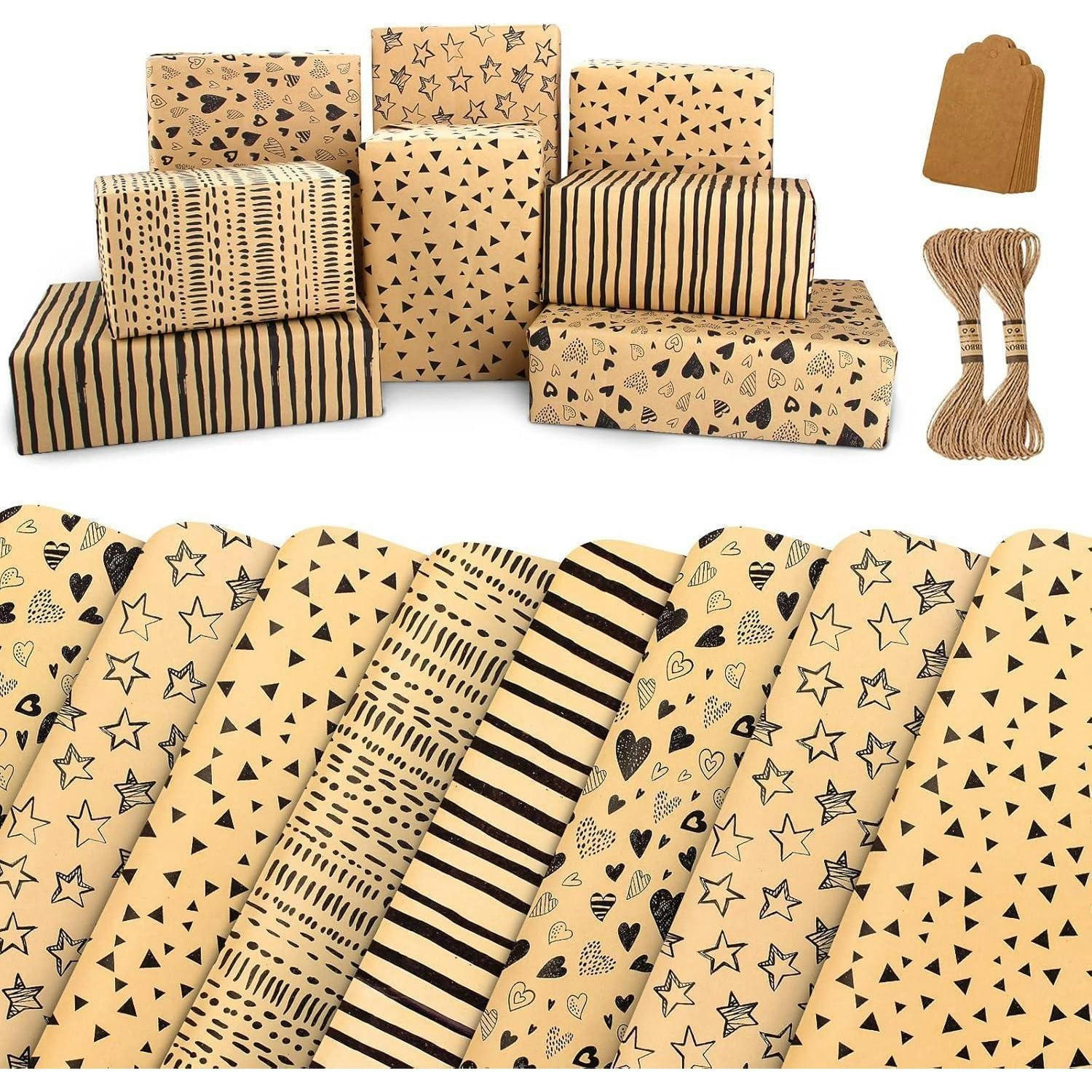 GESCHENKPAPIER Set 5-teilig mit Anhängern und Garn - Multicolor, Papier (50/50/70cm)