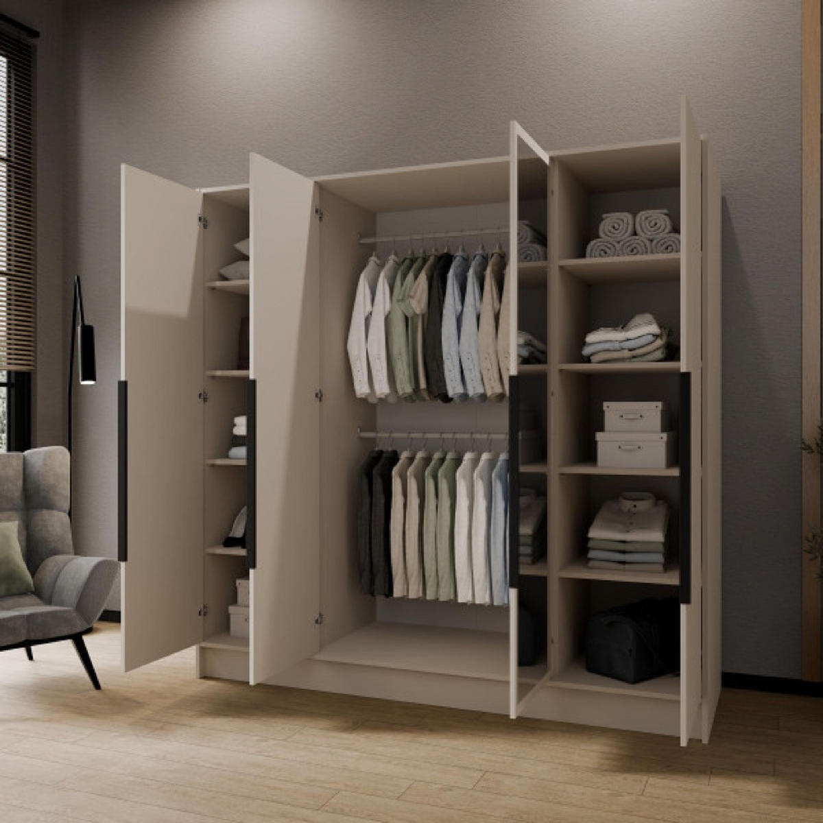 SCHRANK Kaschmir LUSO Mit Spiegel Und Schwarzen Griffen 200 g - Kaschmir/Beige, Holzwerkstoff (200/200/51cm) - Sepro Meble