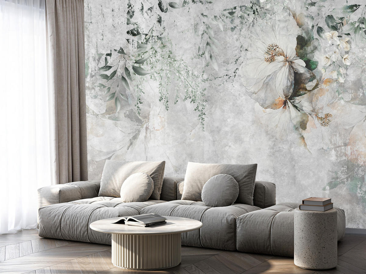 FOTOTAPETE für Esszimmer Zarte Blumen Blätter Beton 100x70 - Orange/Grau, Papier (100/70cm) - Muralo